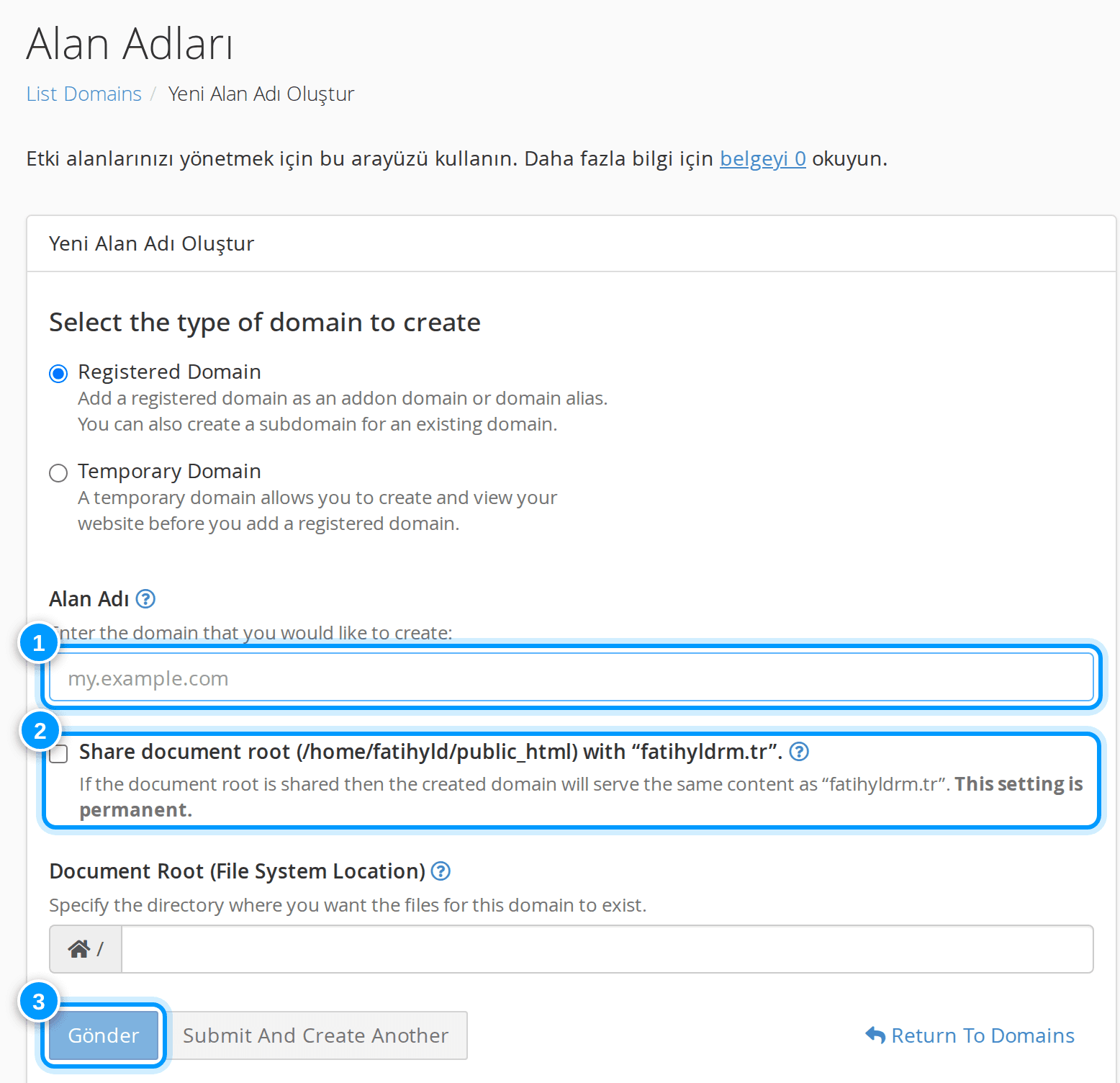 cPanel yeni alan adı formu (addon)
