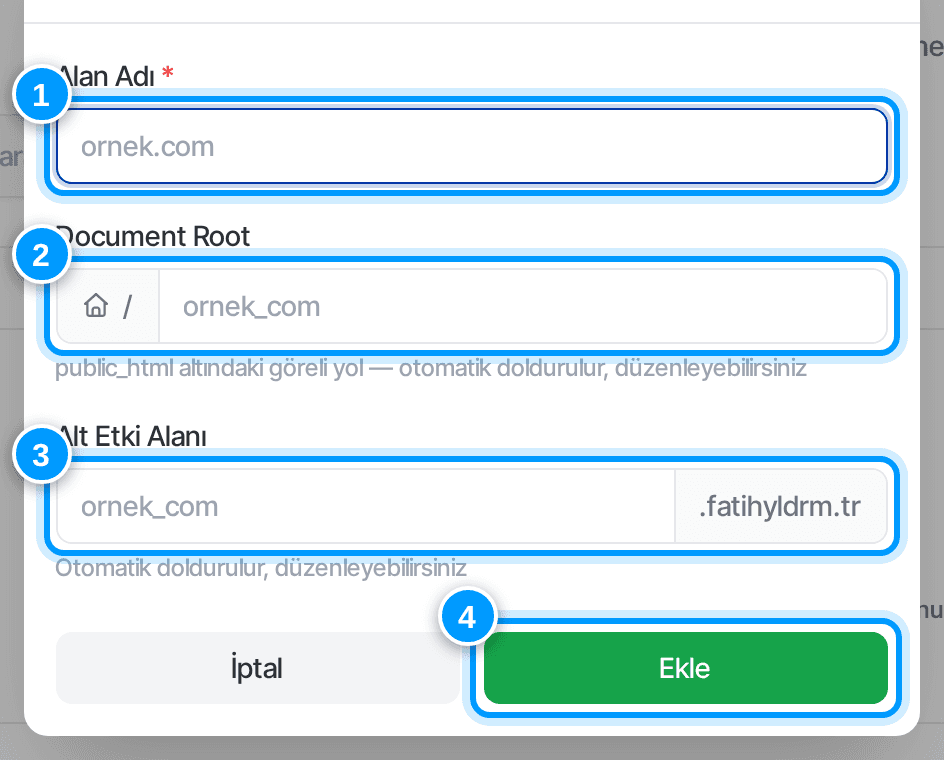 Addon alan adı ekleme penceresi