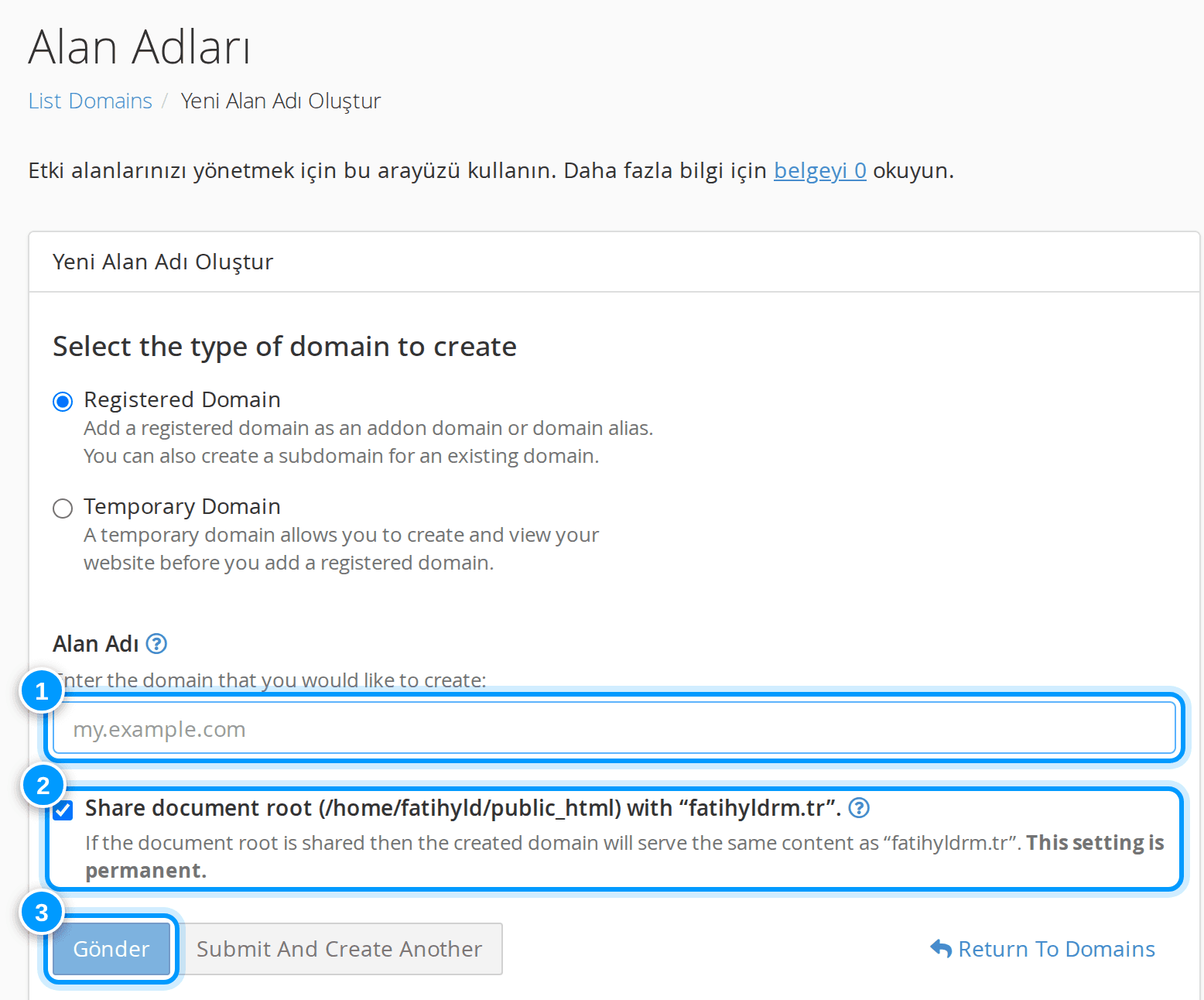 cPanel yeni alan adı formu (alias)