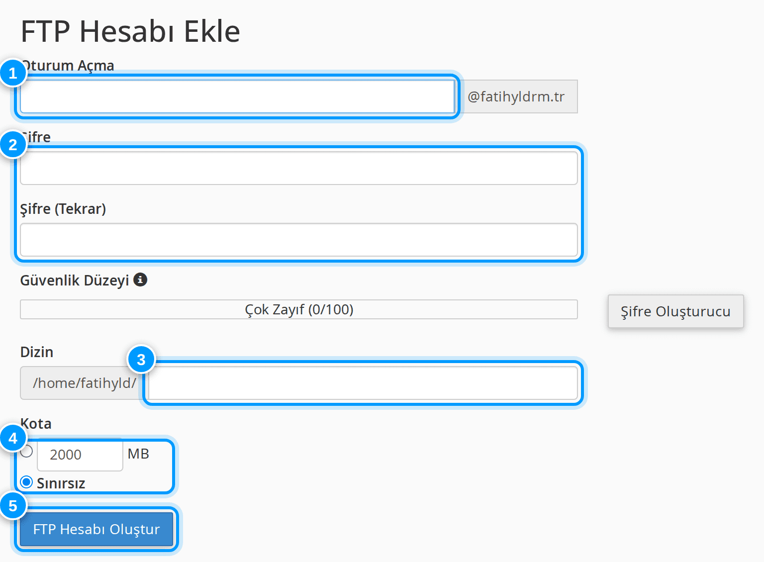 cPanel FTP Hesabı Ekle formu