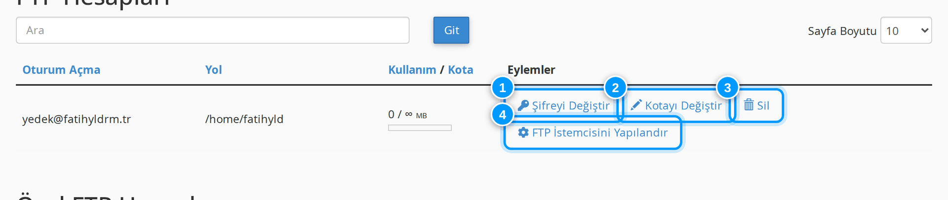 cPanel FTP hesapları ve yönetim bağlantıları