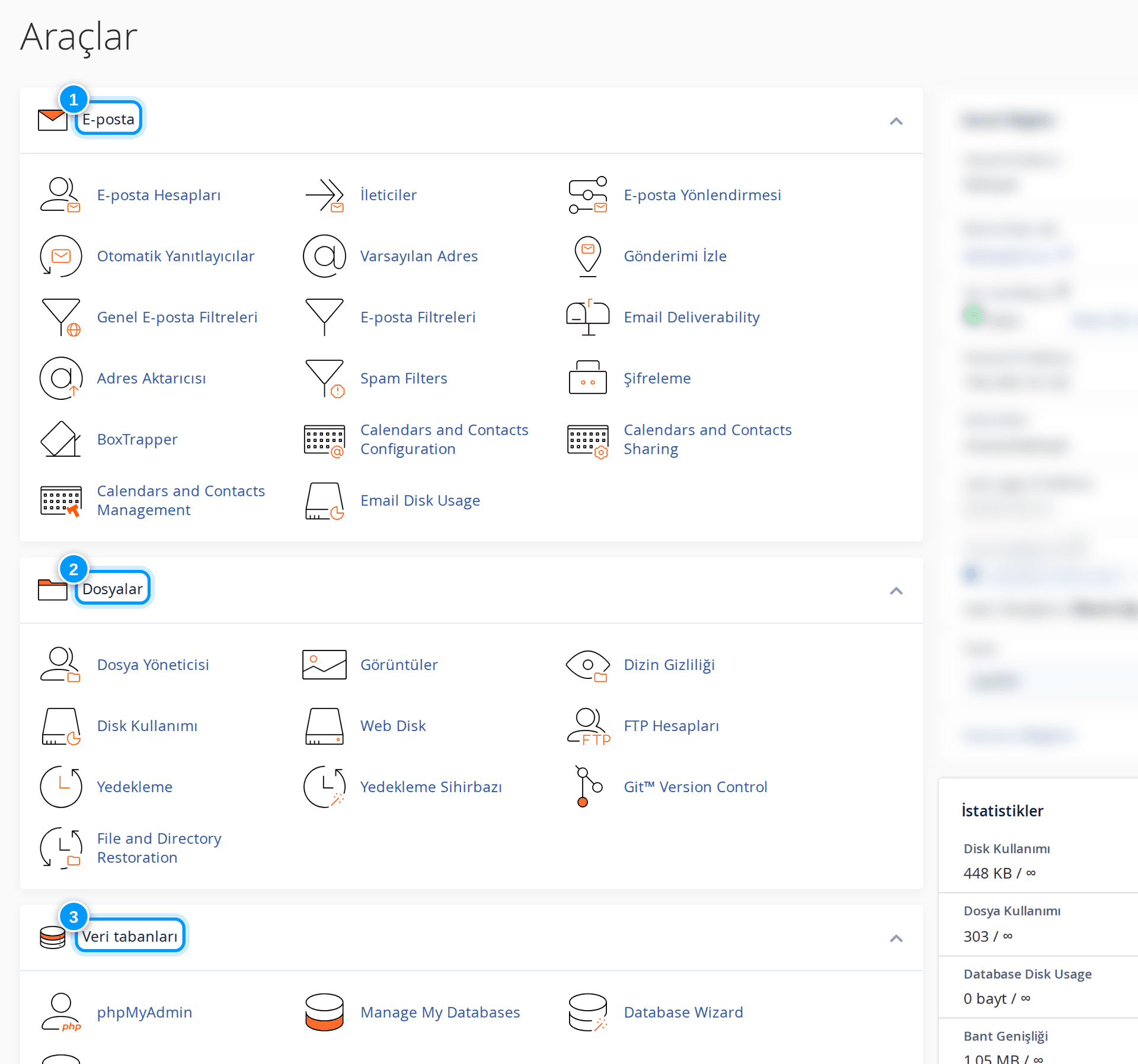 cPanel Araçlar ekranı