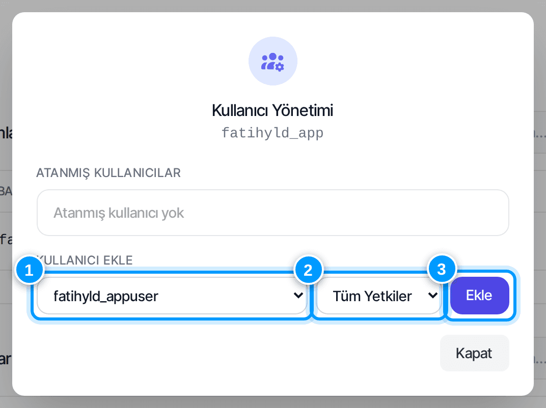 Kullanıcı yönetimi penceresi