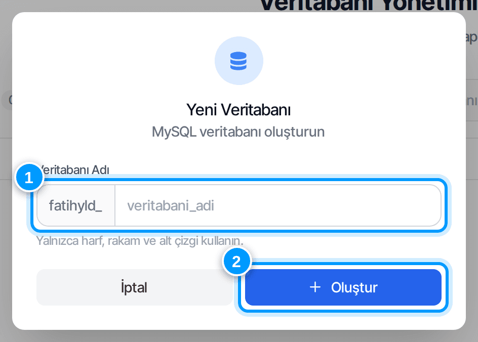 Yeni veritabanı penceresi