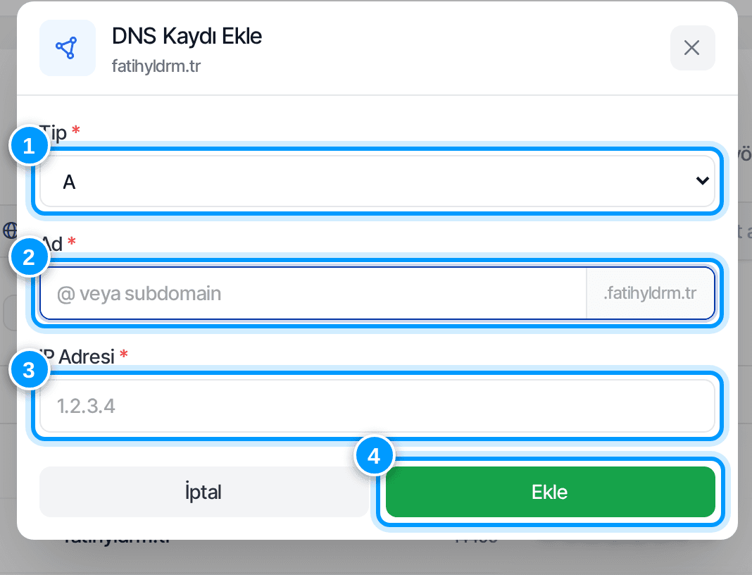 DNS Kaydı Ekle penceresi