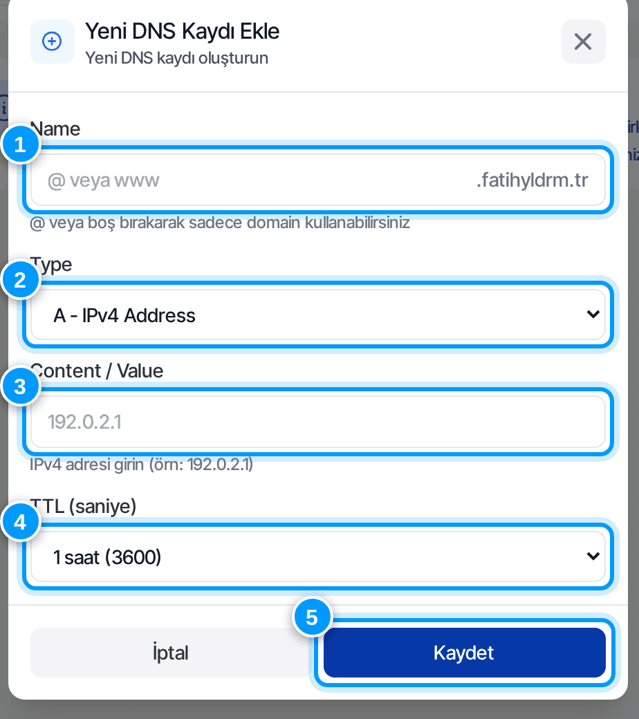 Yeni DNS kaydı ekleme penceresi