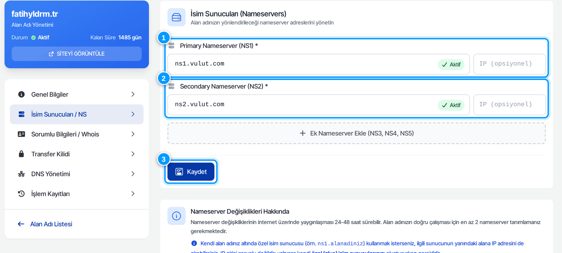 İsim sunucuları yönetim ekranı