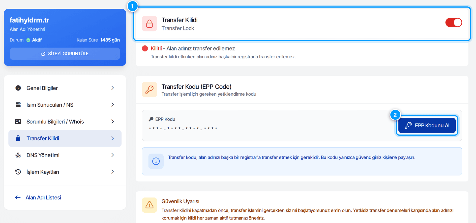 Transfer kilidi ve EPP kodu ekranı