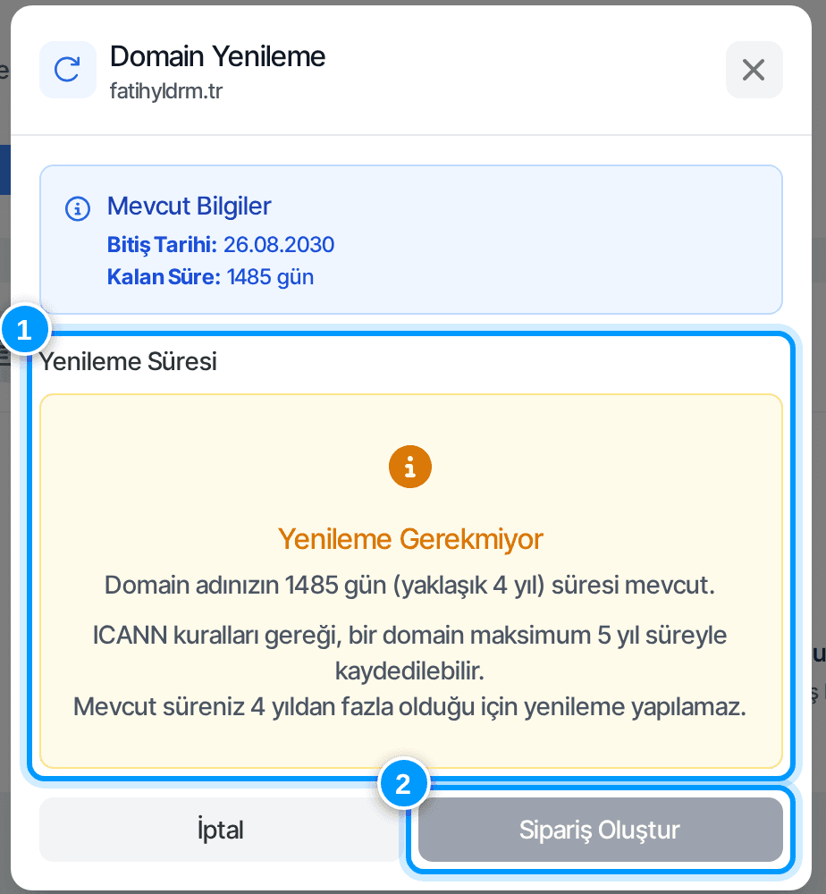 Domain yenileme penceresi