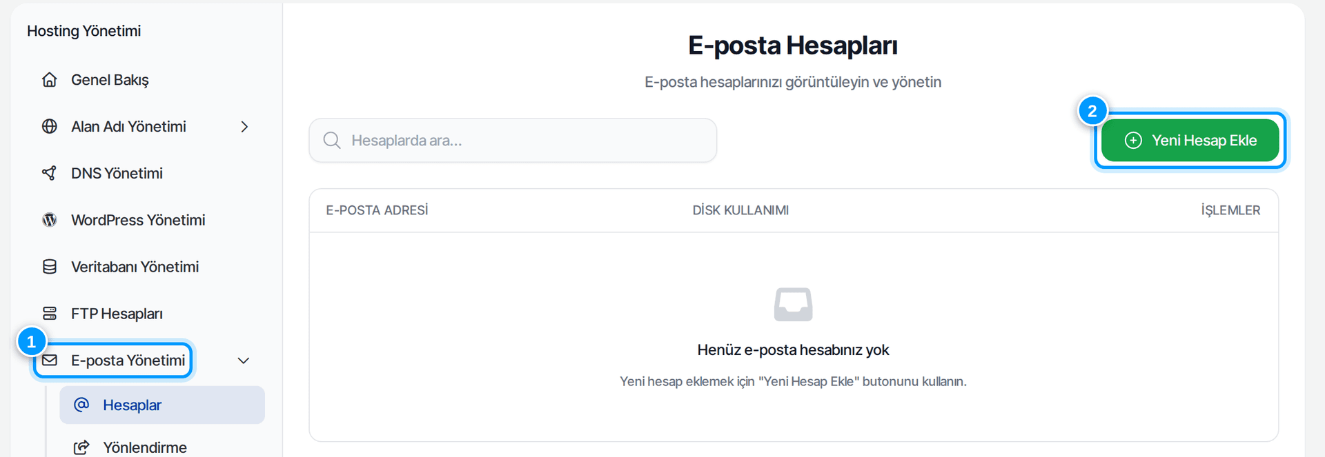 E-posta Hesapları ekranı