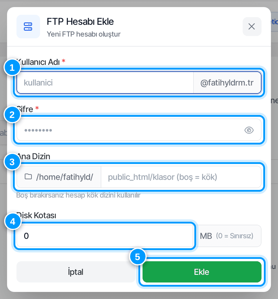 FTP Hesabı Ekle penceresi
