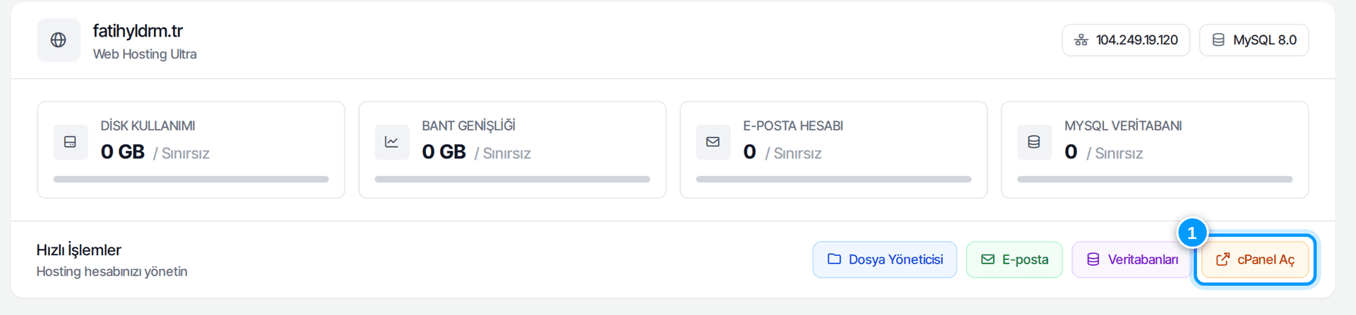 Hızlı İşlemler > cPanel Aç