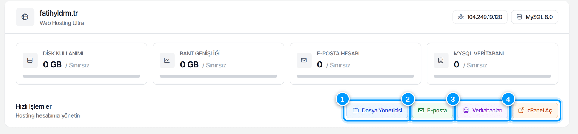 Hosting genel bakış ve hızlı işlemler