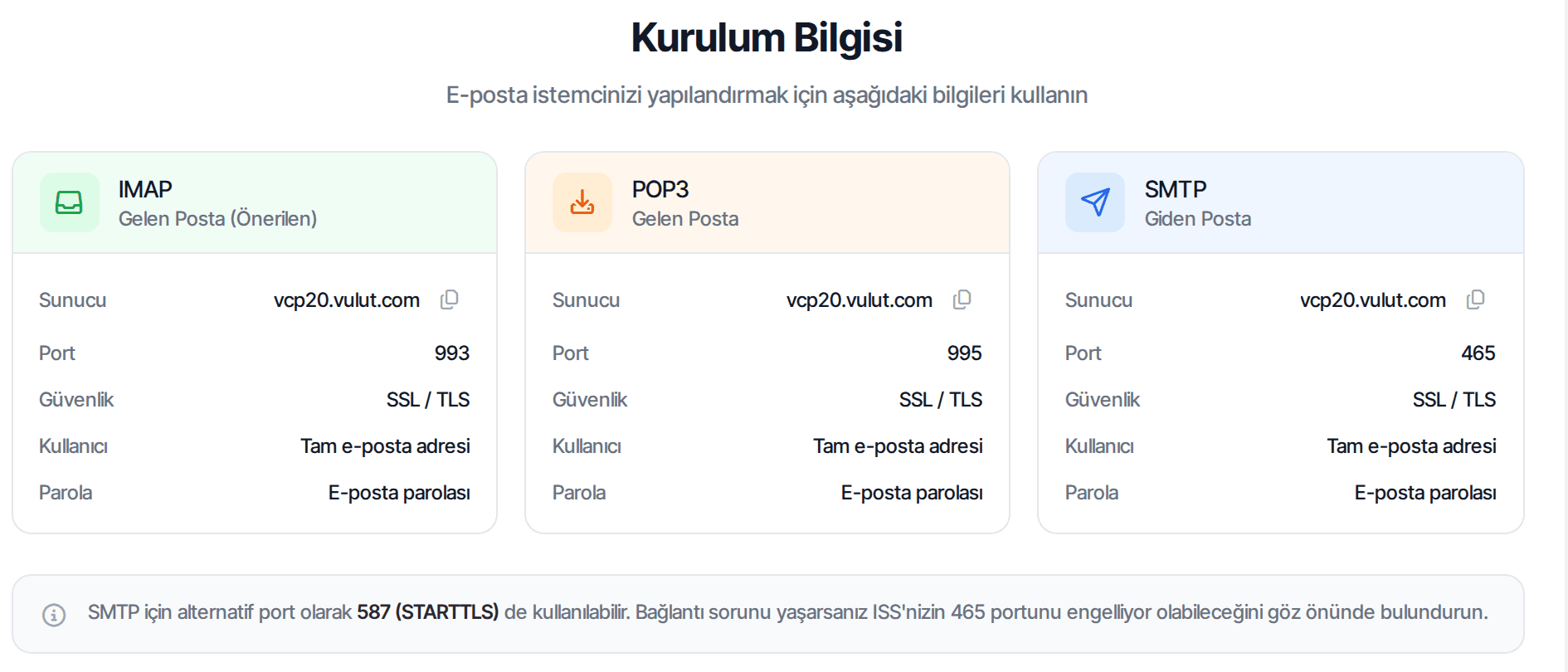 E-posta kurulum bilgileri