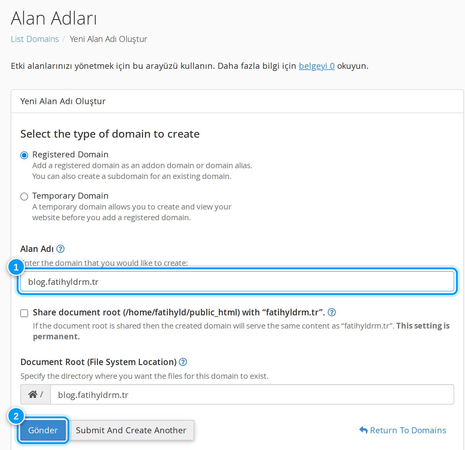 cPanel yeni alan adı formu (subdomain)