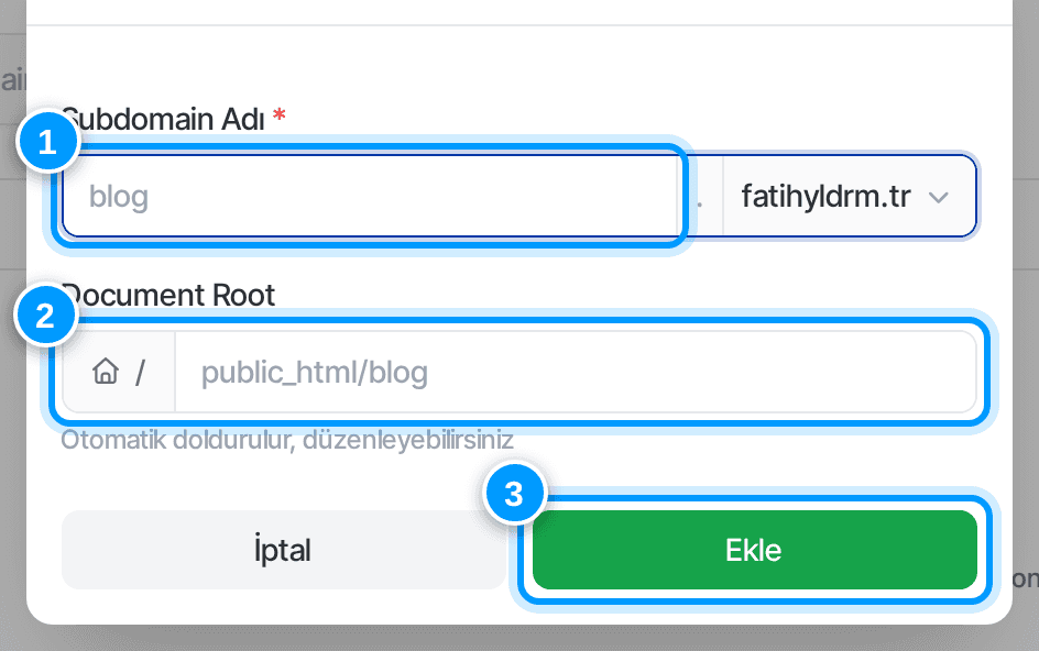 Alt alan adı ekleme penceresi