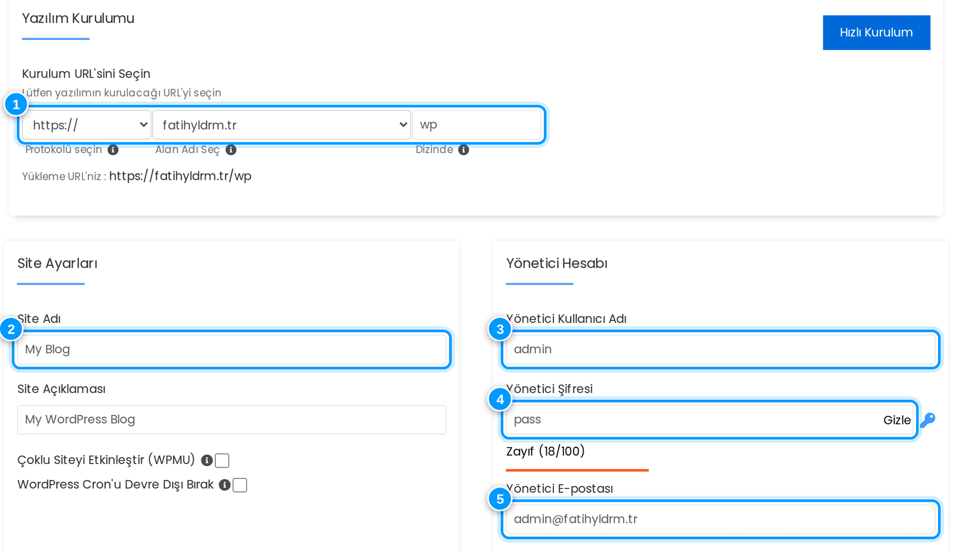 Softaculous WordPress kurulum formu